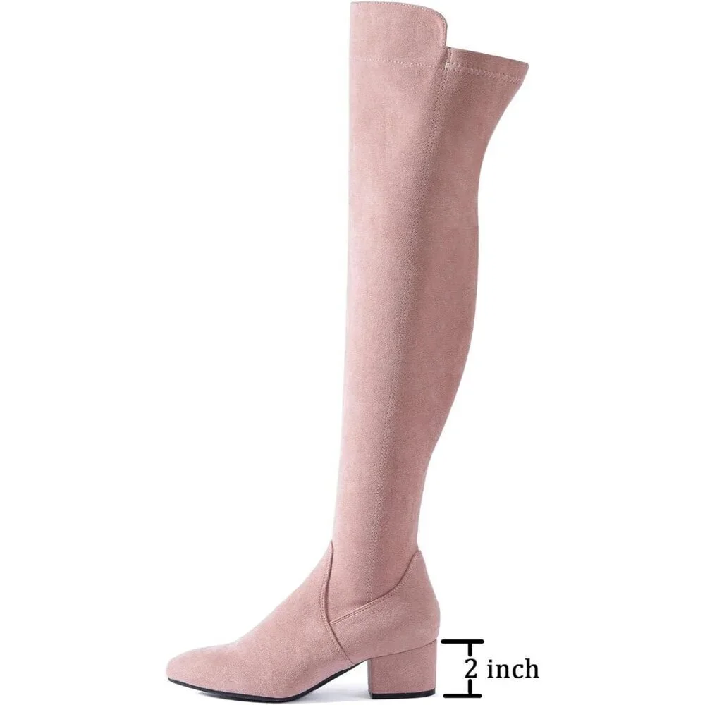 Women Pink\2inch Suede Over the Knee Thigh High Chunky Block Heel Winter Boots